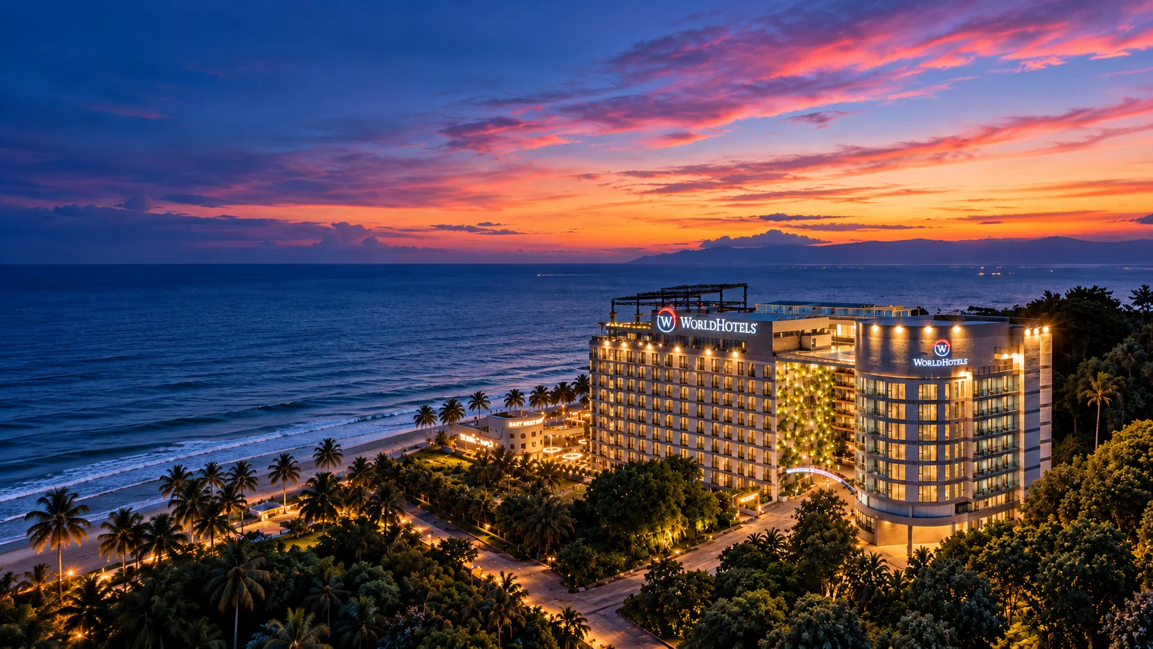 WorldHotels Long Beach Resort Phu Quoc bên biển lúc hoàng hôn