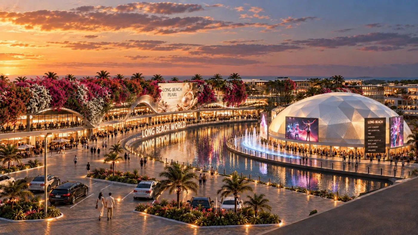 Phối cảnh Long Beach World lúc hoàng hôn: mặt nước, mái vòm nhà hát và lối đi ven sông