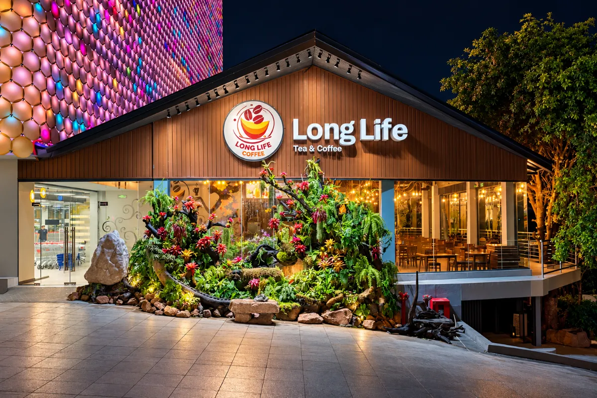 Mặt tiền Long Life Tea & Coffee về đêm