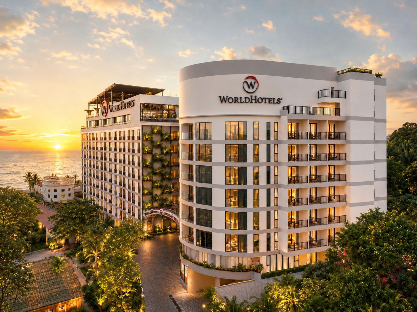 WorldHotels Long Beach Resort Phu Quoc lúc hoàng hôn, hàng dừa trước biển